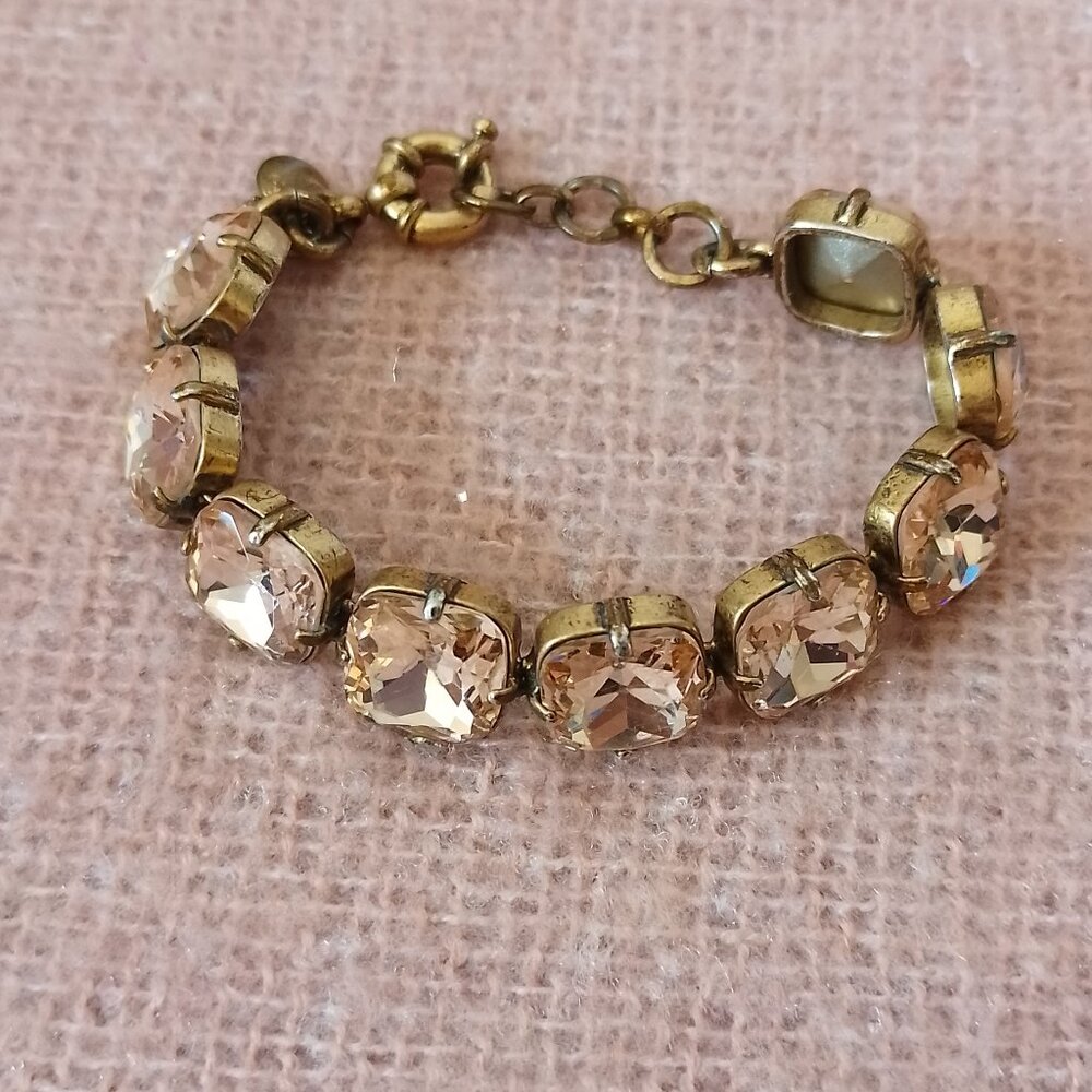J Crew Tennis Bracelet, Gold Tone with Faux Peach-Coloured Crystals